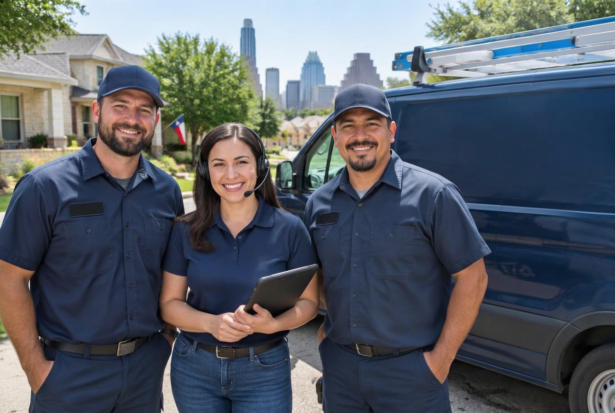 The FlowFix team beside their service van in Austin